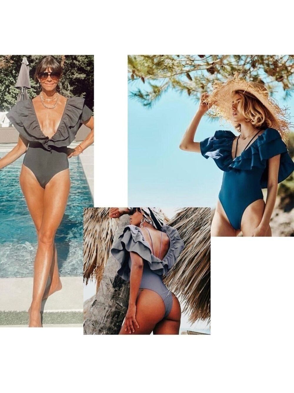 Zara black ruffle frill shoulder deep V one piece swimsuit bathing suit S NWOT
